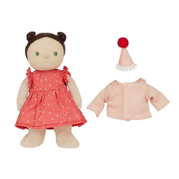 Olli Ella Dress Me Dinky Sophie Sundae doll in pink dress with party hat and removable sweater. Perfect for imaginative play!