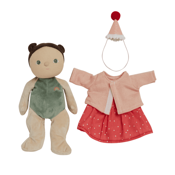 Olli Ella Dress Me Dinky Sophie Sundae doll with pink dress and party hat, perfect for imaginative play and dress-up fun.