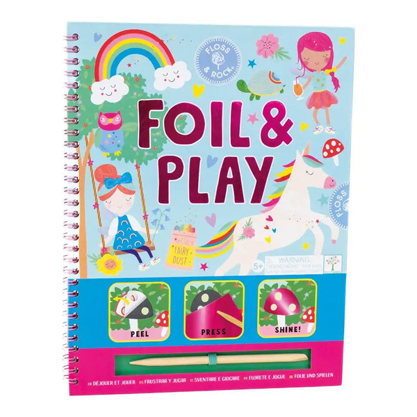 Foil & Play book by Floss and Rock, featuring illustrated pages, foil sheets, and a wooden stylus for creative fun.