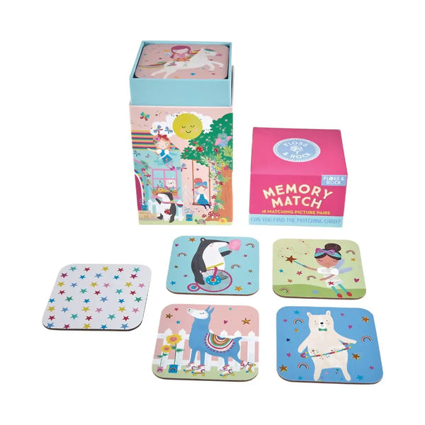Colorful Floss and Rock Rainbow Fairy Memory Match Game box with illustrated cards featuring fairies, unicorns, and stars.