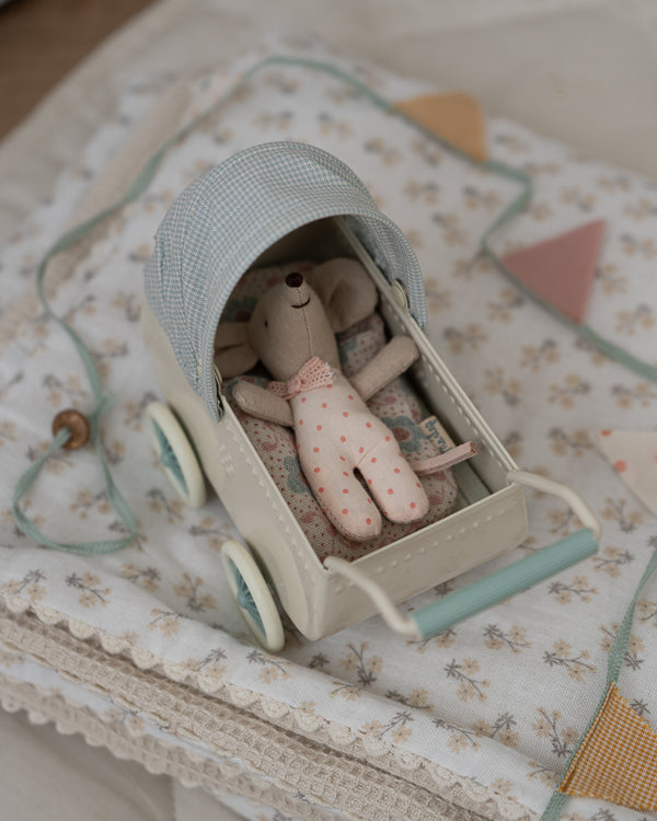 Maileg,  Pram with Baby Mouse - Mint