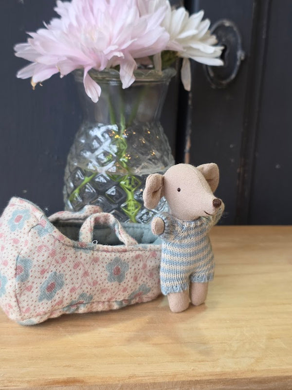 Maileg, Baby Mouse in Carry Cot - Blue