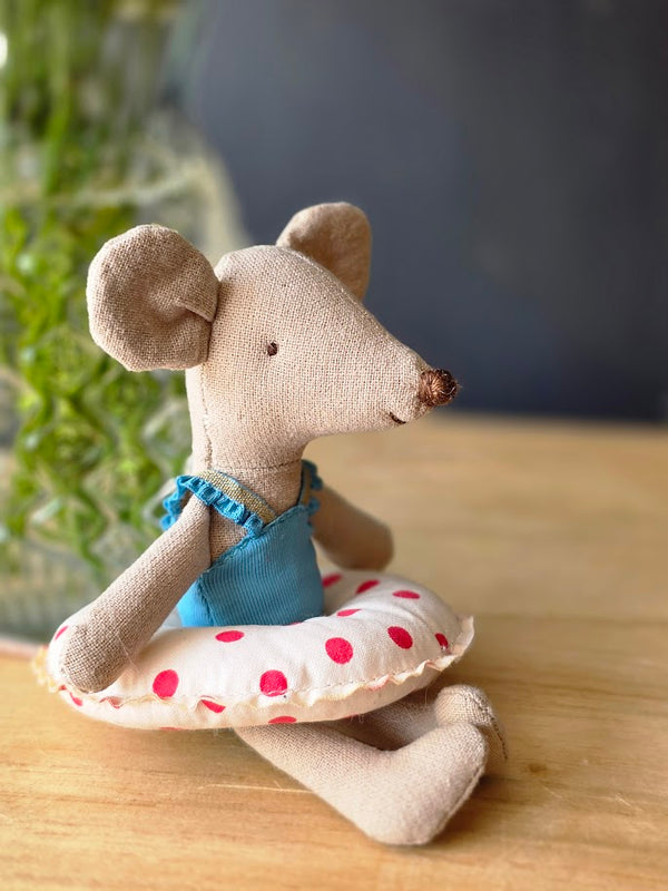Maileg, Beach Mouse with Float, Little Sister - Red Dots