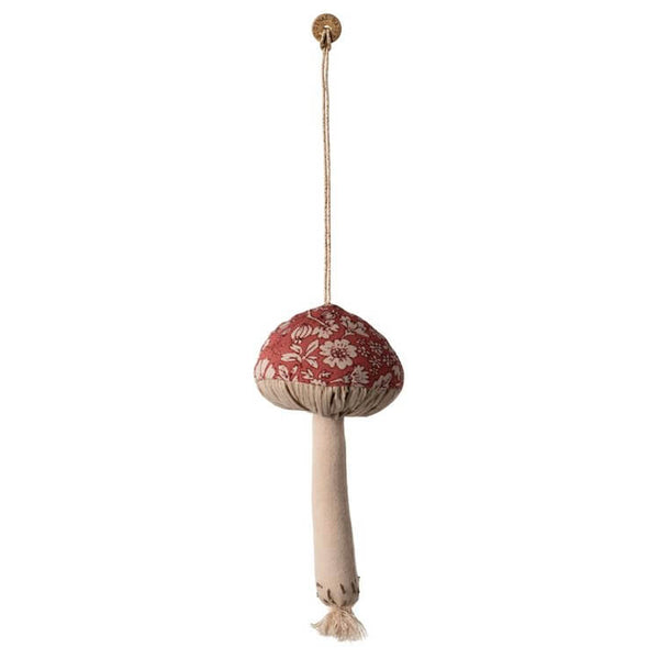 Maileg mushroom ornament with red winter flower design, perfect for Christmas tree or gift decoration, measuring 12.5 cm tall.