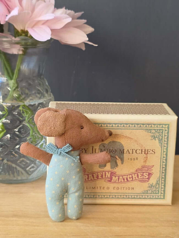 Maileg, Sleepy Wakey Baby Mouse in Matchbox - Blue