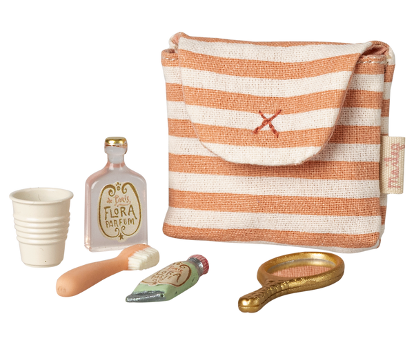 PRE-ORDER Maileg, Toothbrush Set in Bag, Mouse - Coral Stripe **Due April**