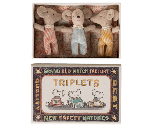 PRE-ORDER Maileg, Triplets, Baby Mice in Matchbox - Checker **Due June**