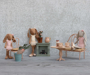 Maileg, Vintage Chair, Mini - Dark Powder with bunnies enjoying tea time in a cozy setting.