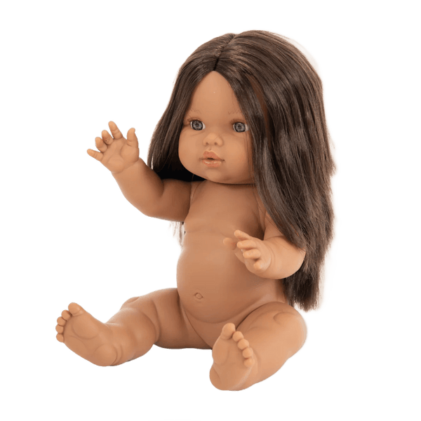 Mini Colettos, Isabel (Hispanic Girl, Brown Straight Hair and Blue Eyes) sitting doll with moveable arms.