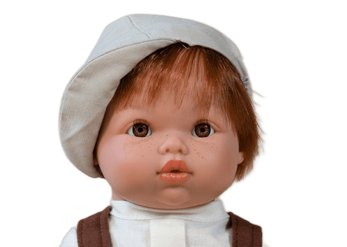 Mini Colettos, Jasper (Boy Doll with Brown Eyes & Red Hair) wearing a light cap and a playful expression.