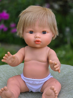 Mini Colettos, Oliver, Blonde Boy with Blue Eyes, handcrafted 34cm doll with blue eyes and blonde hair.