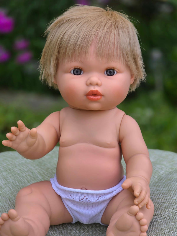 Mini Colettos, Oliver, Blonde Boy with Blue Eyes, handcrafted 34cm doll with blue eyes and blonde hair.