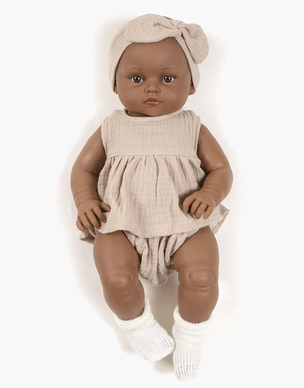 Minikane Toddlers, Augustine Dressed in Charlotte Dress, Pants and Headband  (Beige)