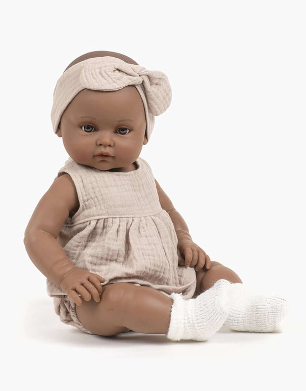 Minikane Toddlers, Augustine Dressed in Charlotte Dress, Pants and Headband  (Beige)