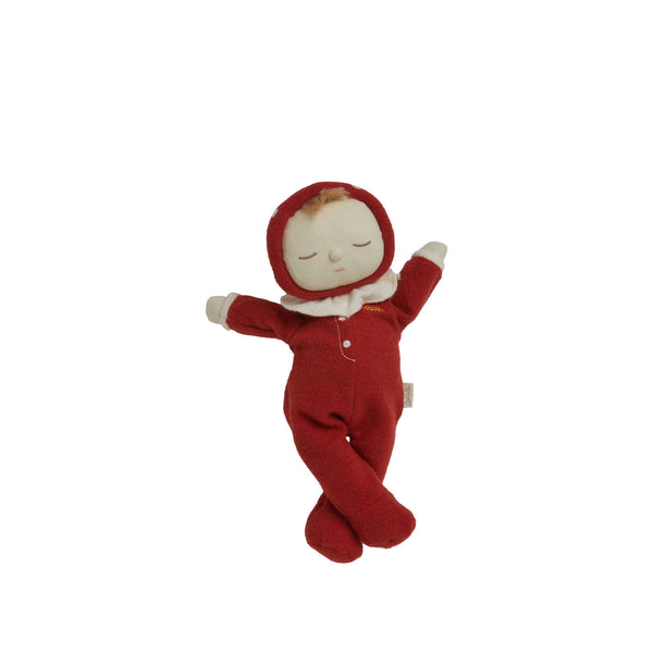 Olli Ella Dozy Dinkum Toadstool Moppet, a rosy red doll with mushroom-cap hood and soft cottony suit.