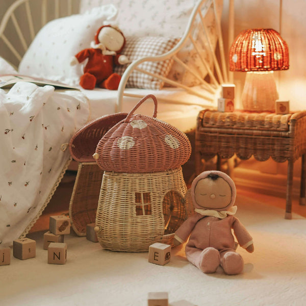 Cozy bedroom setting with Olli Ella Dozy Dinkum Toadstool Pip doll and charming mushroom basket.
