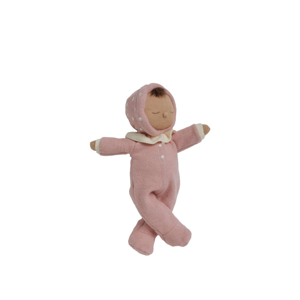 Olli Ella Dozy Dinkum Toadstool Pip doll in pink with mushroom hood and ruffled collar, perfect for cuddles and playtime.