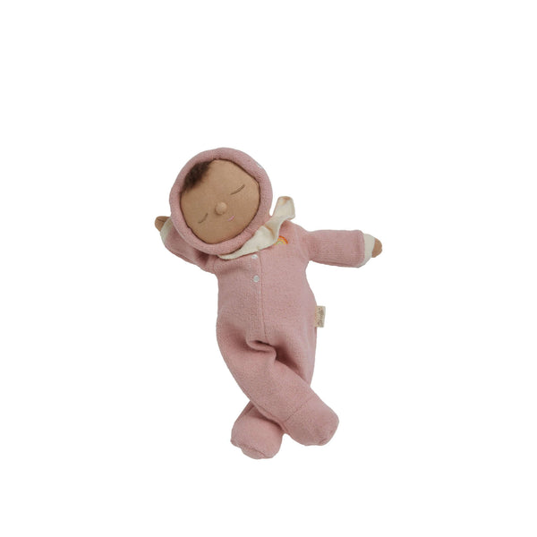 Toadstool Pip doll in blushing pink with mushroom-cap hood and ruffled collar, perfect for snuggles and whimsy.