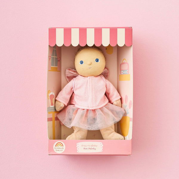Olli Ella Mia Melody doll in a pink box, wearing a pink outfit and tutu, ready for magical adventures.