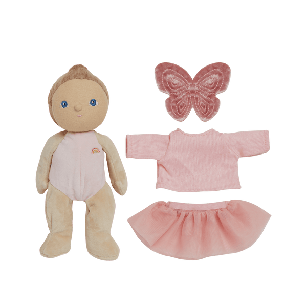 Olli Ella Dress Me Dinky Mia Melody doll with removable pink outfit and butterfly accessory, perfect for imaginative play.
