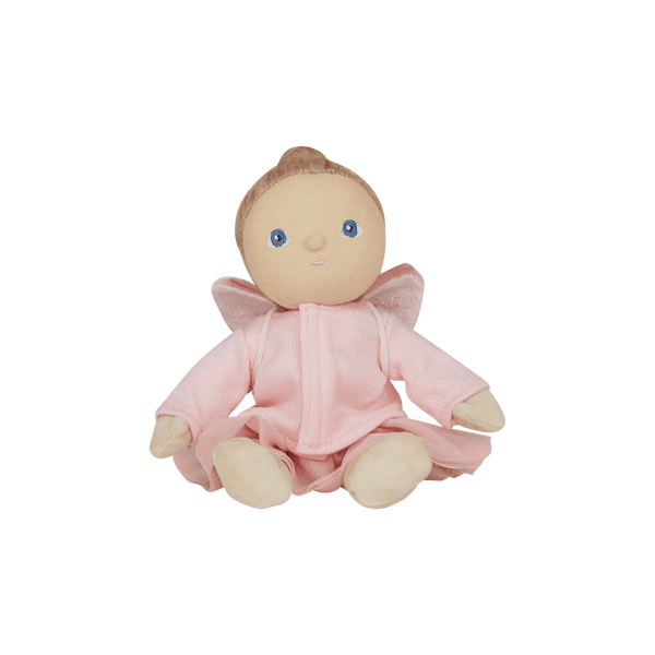 Olli Ella Mia Melody doll with golden hair and pink velvet wings, ready for magical dress-up adventures.