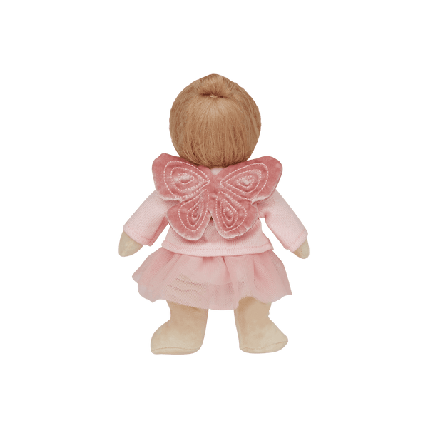 Back view of Mia Melody doll with pink wings and ballet skirt, perfect for imaginative play and dress-up fun.