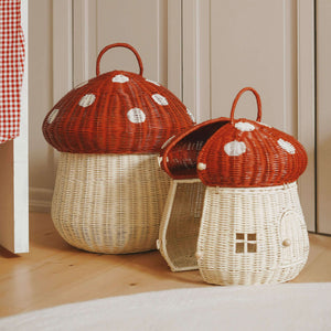 Two whimsical mushroom-shaped storage baskets in red and white, perfect for children's playroom decor.