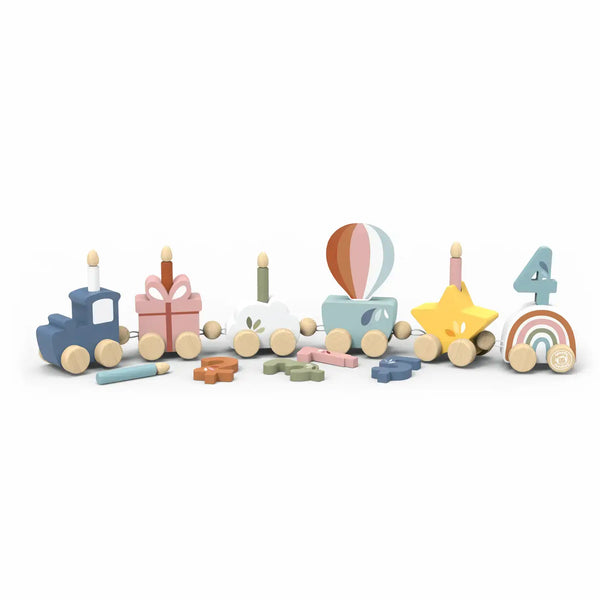 Colorful Speedy Monkey, Birthday Train toy set with various playful carriages and accessories.