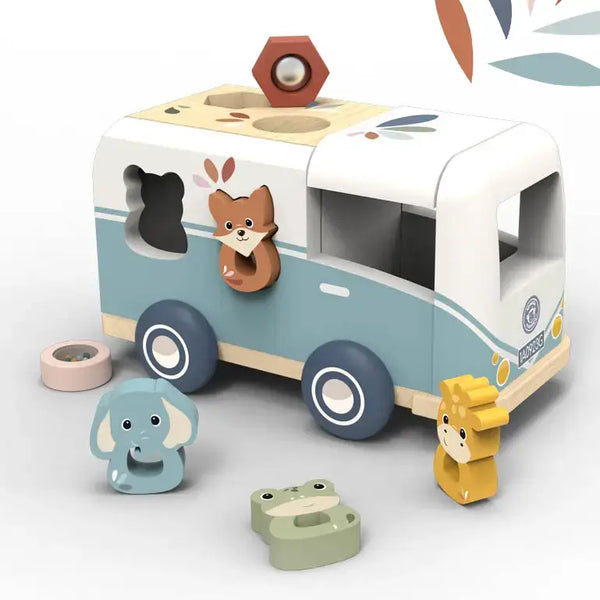Speedy Monkey, Shape Sorter Van featuring colorful animal shapes and playful design for toddlers.