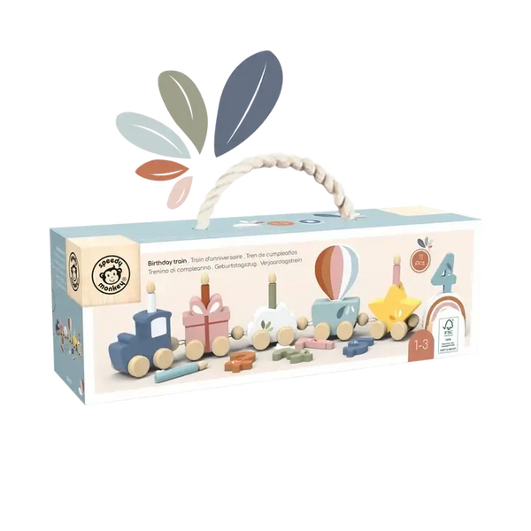 Speedy Monkey, Birthday Train toy set featuring colorful pieces and carrying handle for imaginative play.