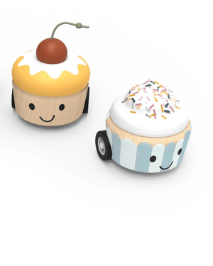 Speedy Monkey, Pull-Back Cake - Two adorable pull-back cupcake toys, one with sprinkles and the other with a cherry.