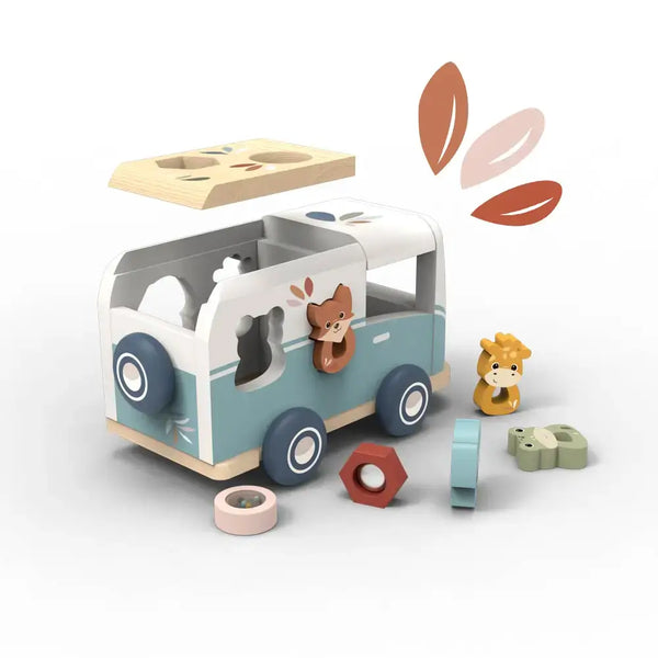 Speedy Monkey, Shape Sorter Van with colorful shapes and playful animal figures for toddlers.