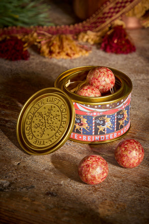 The Chocolate Gift Company - Reindeer Nose tin with milk chocolate gianduja balls and festive design.