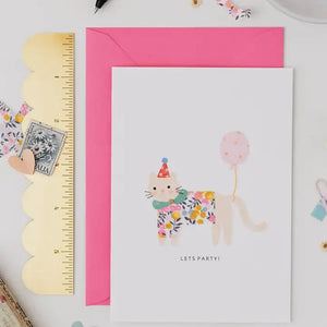 Cute cat birthday card with floral design, pink envelope, and "Let's Party!" text for festive celebrations.