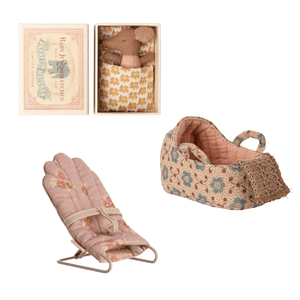 Maileg Baby Girl Mouse Starter Set featuring a mouse in a matchbox, a baby sitter, and a cozy bedding.