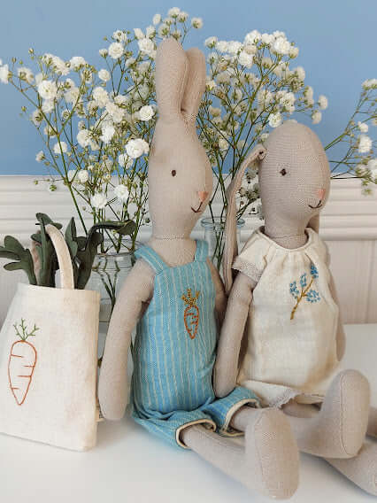 Maileg, Size 2 Bunny in White Dress w Blue Flower