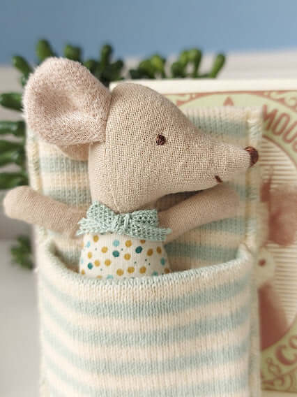 Maileg, Sleepy/Wakey Baby Mouse in Matchbox - Blue