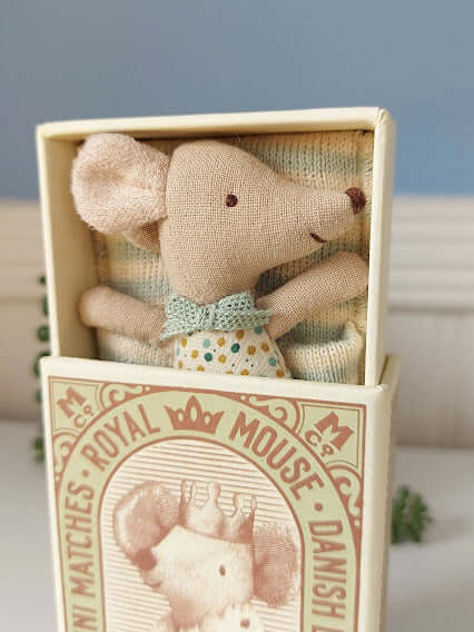 Maileg, Sleepy/Wakey Baby Mouse in Matchbox - Blue